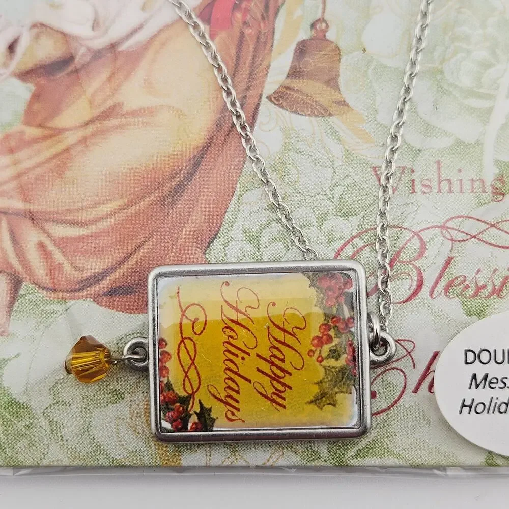 Happy Holidays Pendant Necklace Silver Tone Chain Vintage Look Christmas NWT